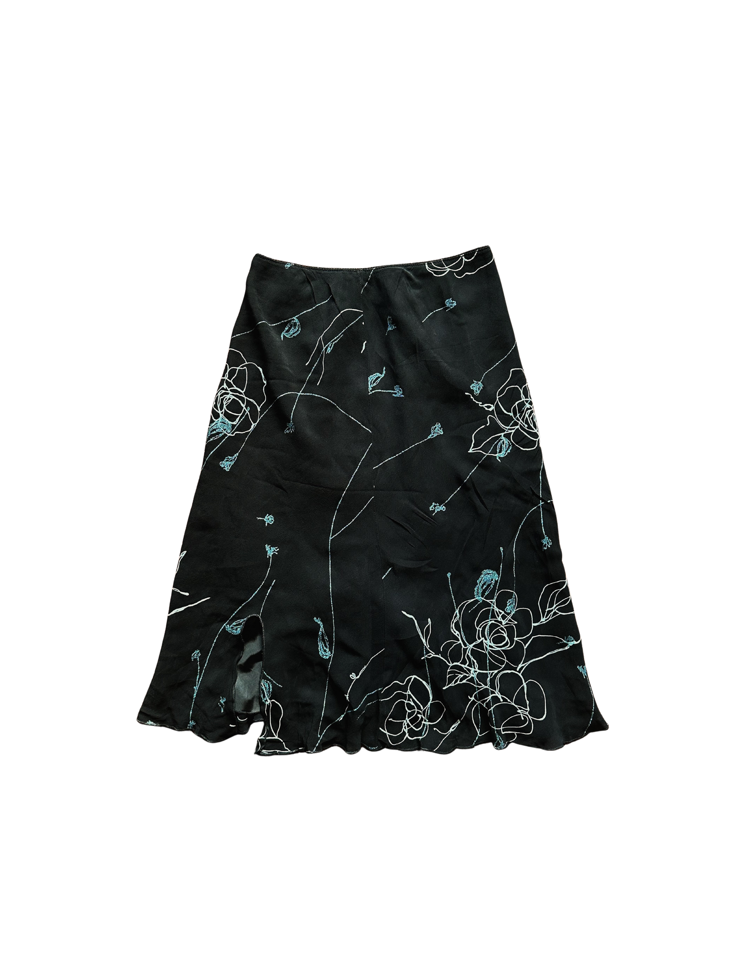 Gonna Vintage Nera con Ricami Floreali Azzurri