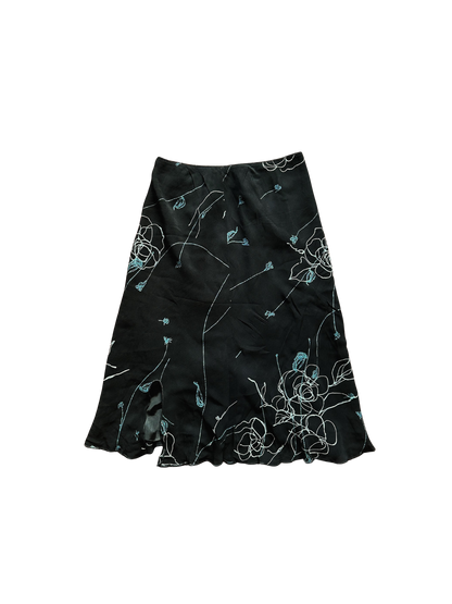 Gonna Vintage Nera con Ricami Floreali Azzurri