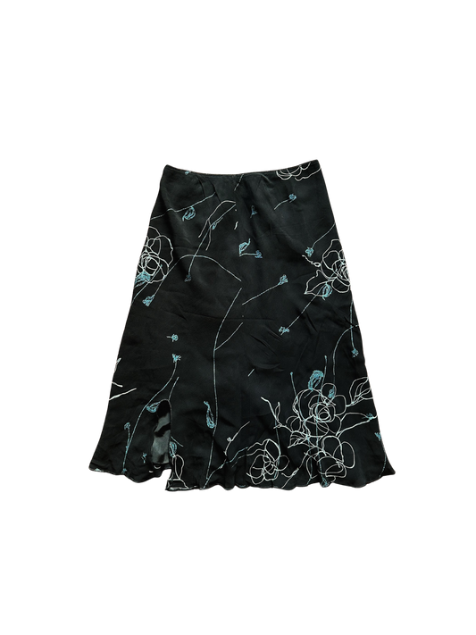 Gonna Vintage Nera con Ricami Floreali Azzurri
