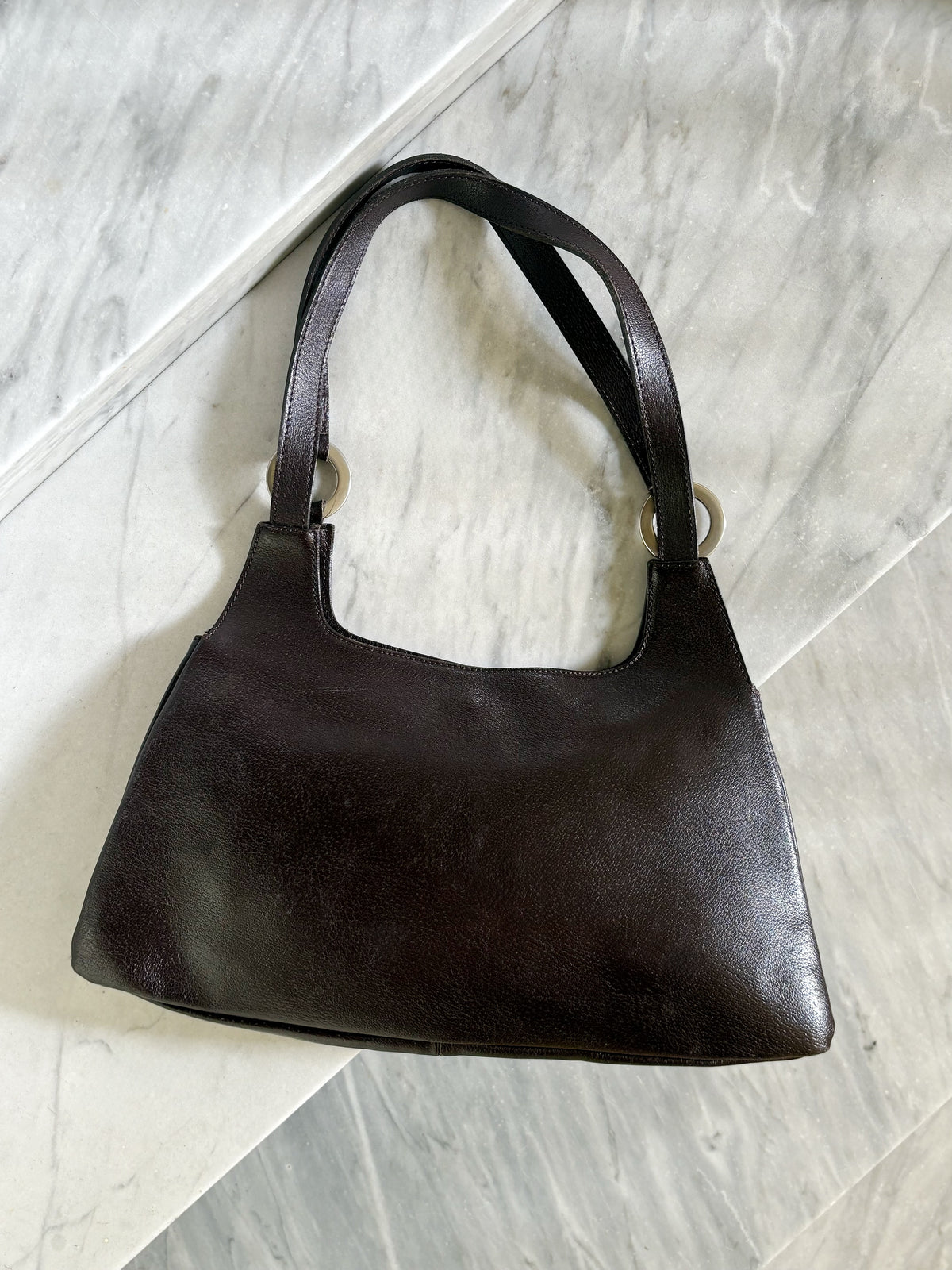 PENNYBLACK - Vintage Y2K Brown Leather Shoulder Bag – Borsa in Pelle Marrone con Cuciture Rosse