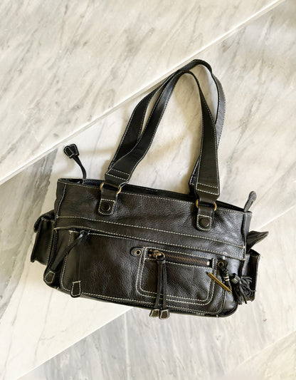 Borsa vintage Y2K in pelle marrone testa di moro multi-pocket con cuciture a contrasto