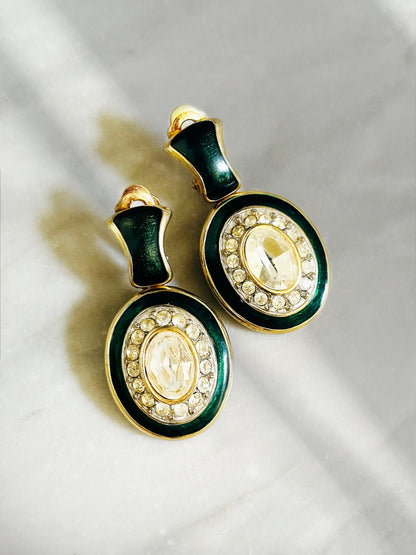 Orecchini Vintage - Pendenti con Smalto Verde Petrolio e Cristalli | Clip-On