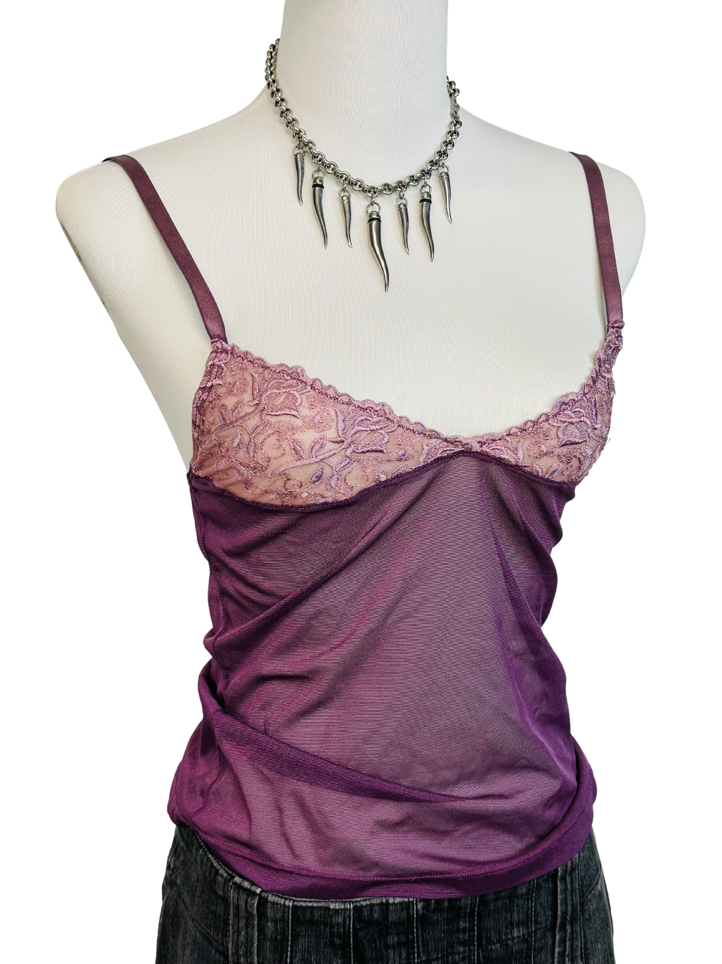 Y2k tank micromesh top, Top Vintage in Micromesh Viola con Dettagli in Pizzo Rosa Malva
