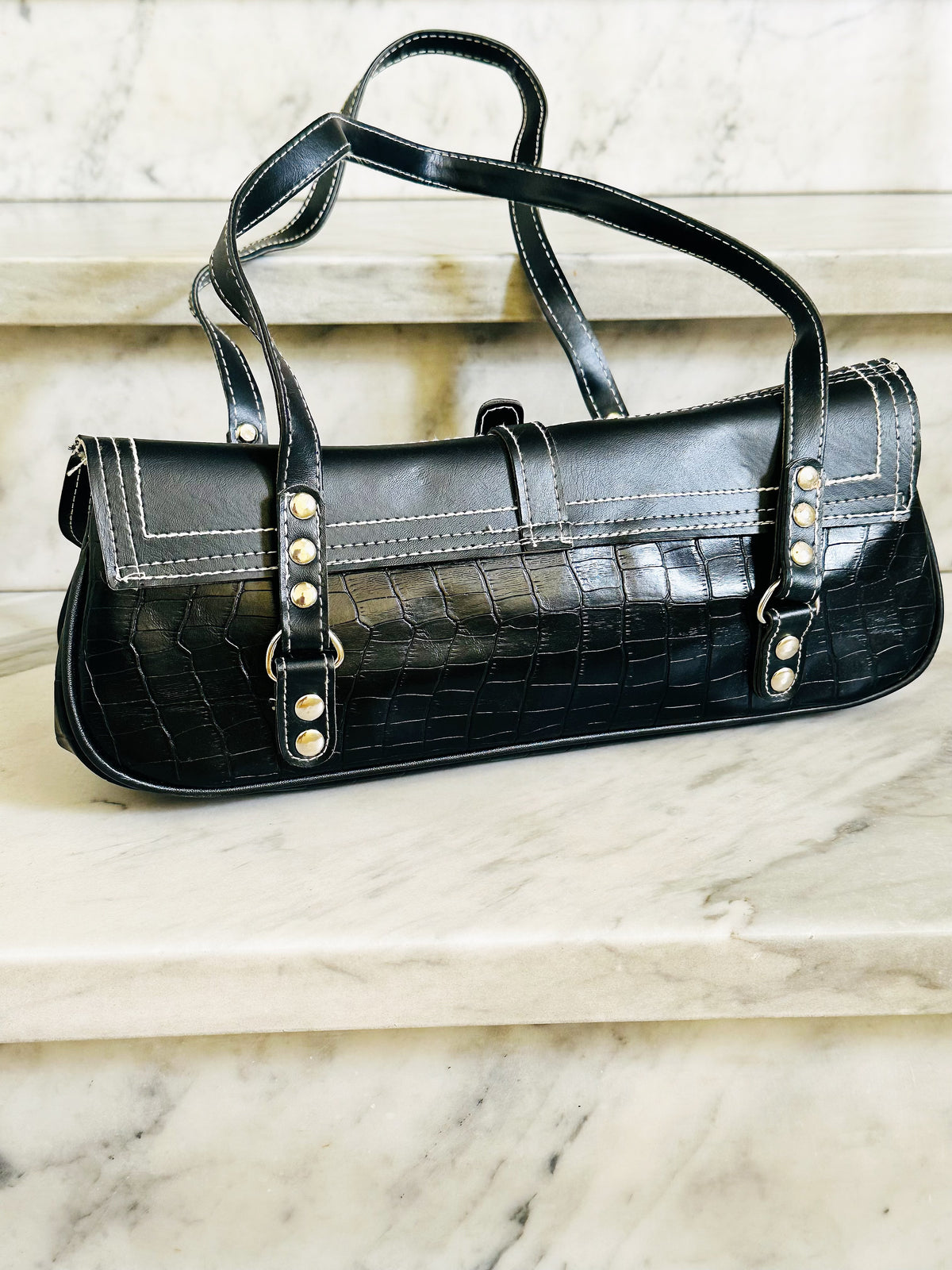 Borsa Baguette Vintage Y2K Nera Effetto Cocco Shoulder Bag