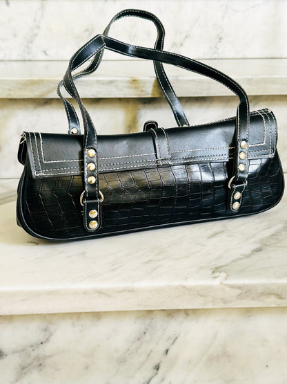 Borsa Baguette Vintage Y2K Nera Effetto Cocco Shoulder Bag