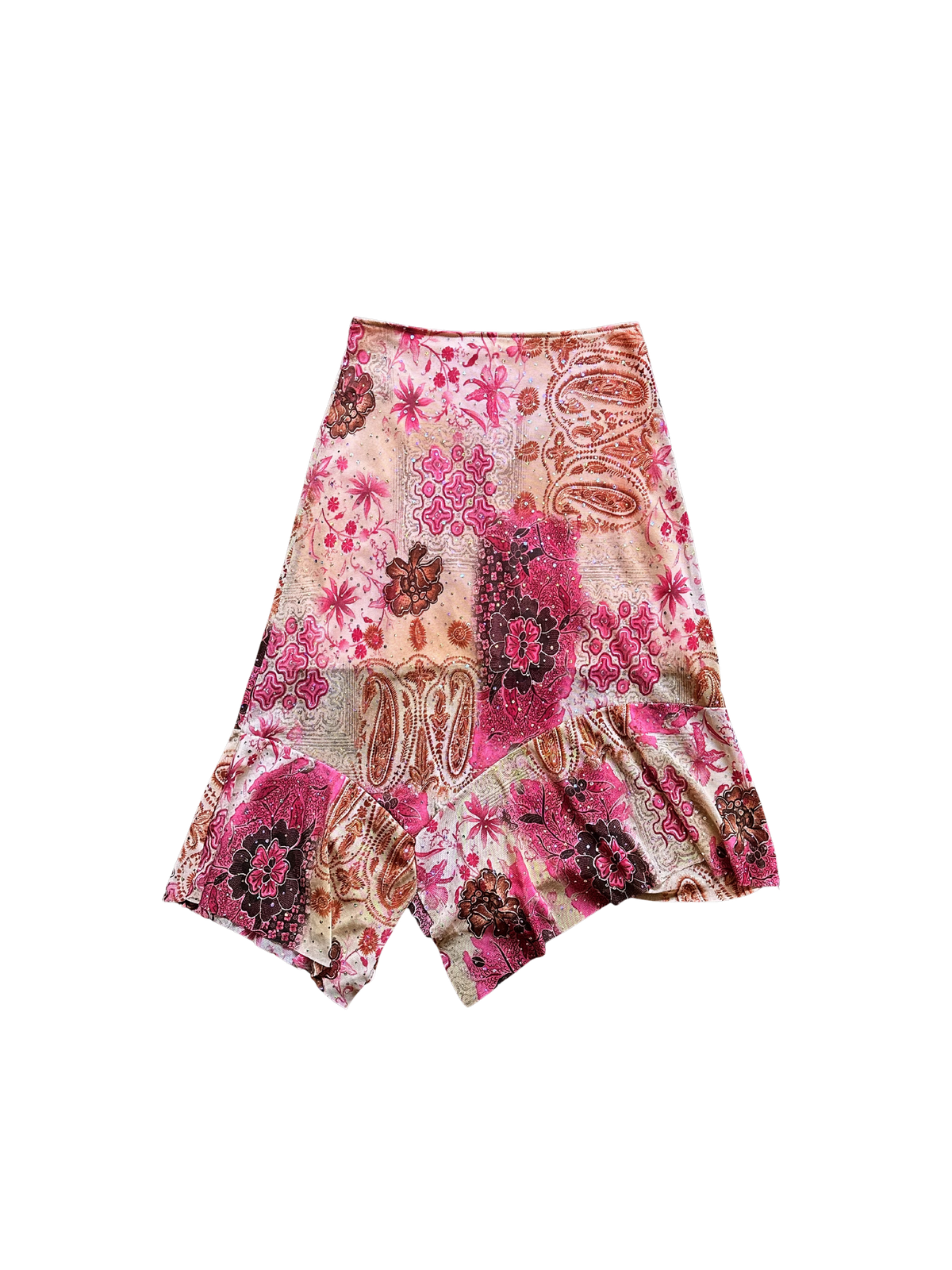 Gonna vintage patchwork con volant asimmetrico e glitter – Rosa & paisley Y2K