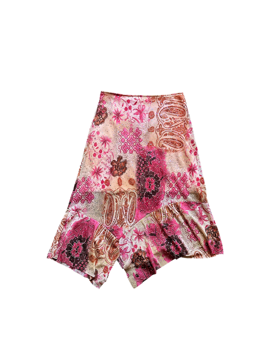 Gonna vintage patchwork con volant asimmetrico e glitter – Rosa & paisley Y2K