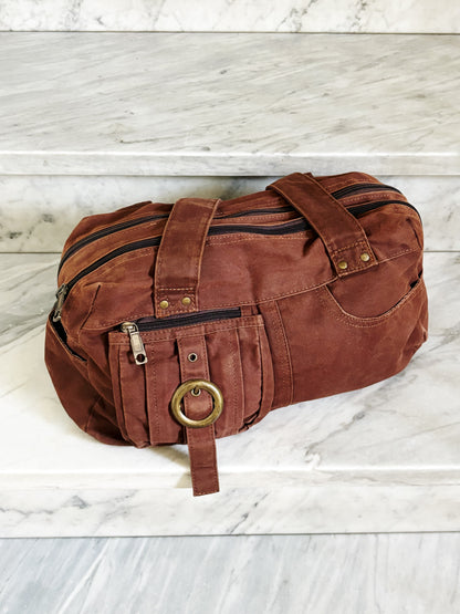 Borsa a spalla in cotone marrone ruggine multipocket – stile Y2K