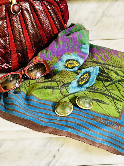 VALENTINO - Foulard Vintage 100% Seta | Motivo Floreale Lavanda e Papaveri Azzurri
