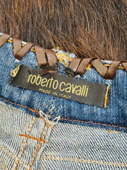 ￼ROBERTO CAVALLI - Jeans Western Revival in Denim e Pelle con Frange