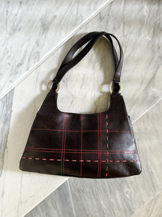PENNYBLACK - Vintage Y2K Brown Leather Shoulder Bag – Borsa in Pelle Marrone con Cuciture Rosse