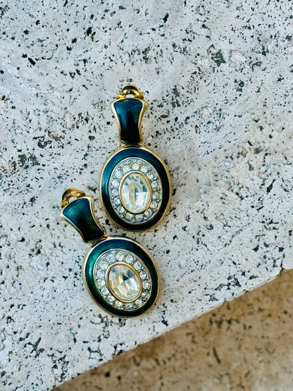 Orecchini Vintage - Pendenti con Smalto Verde Petrolio e Cristalli | Clip-On