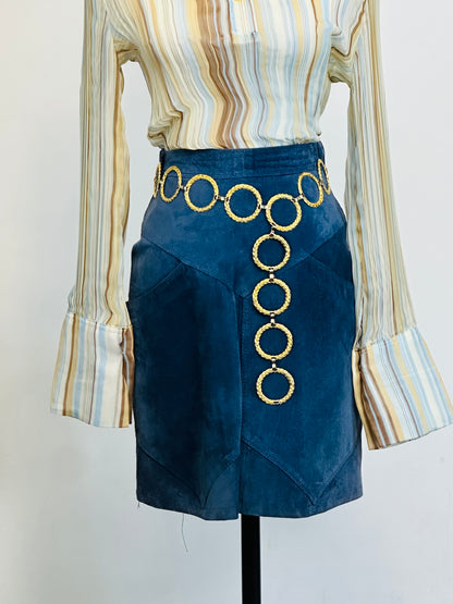 Gonna vintage in vera pelle scamosciata blu