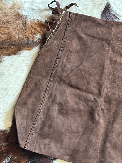 Gonna vintage in pelle scamosciata marrone con lacci laterali