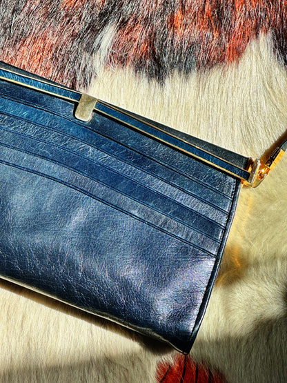 CLUTCH - Borsa Vintage Structured in Pelle Blu Notte con Chiusura Gioiello