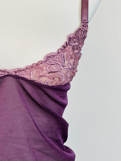 Y2k tank micromesh top, Top Vintage in Micromesh Viola con Dettagli in Pizzo Rosa Malva