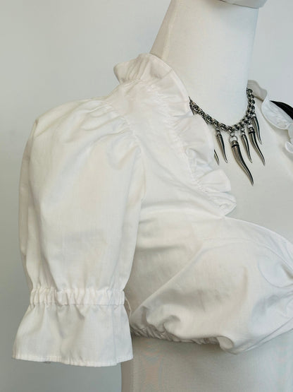 Crop Top Bianco con Maniche a Sbuffo e Coulisse