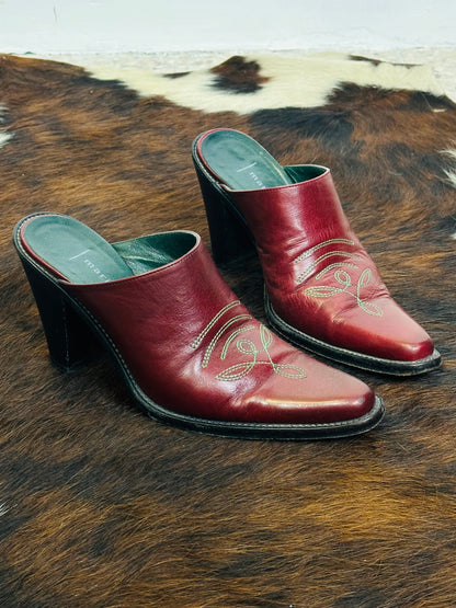 Maria Cristina – Mules Vintage in Pelle Bordeaux con Ricamo Western | Tg 36