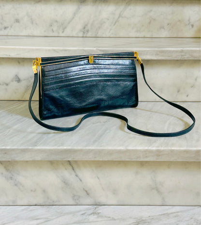 CLUTCH - Borsa Vintage Structured in Pelle Blu Notte con Chiusura Gioiello