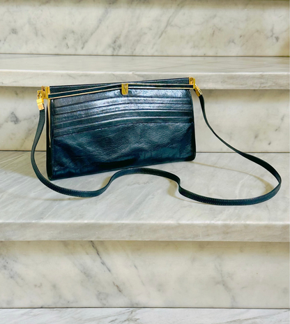 CLUTCH - Borsa Vintage Structured in Pelle Blu Notte con Chiusura Gioiello