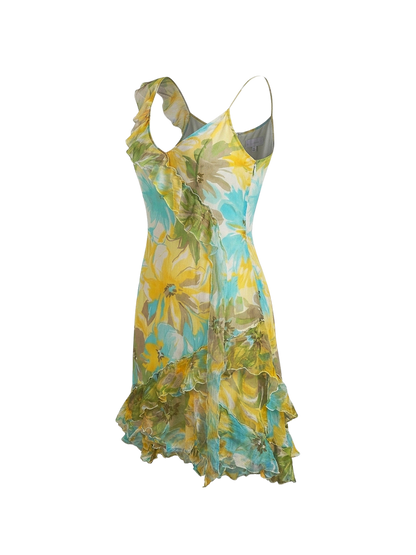 Abito in seta floreale con ruches asimmetriche – Y2K romantic mood