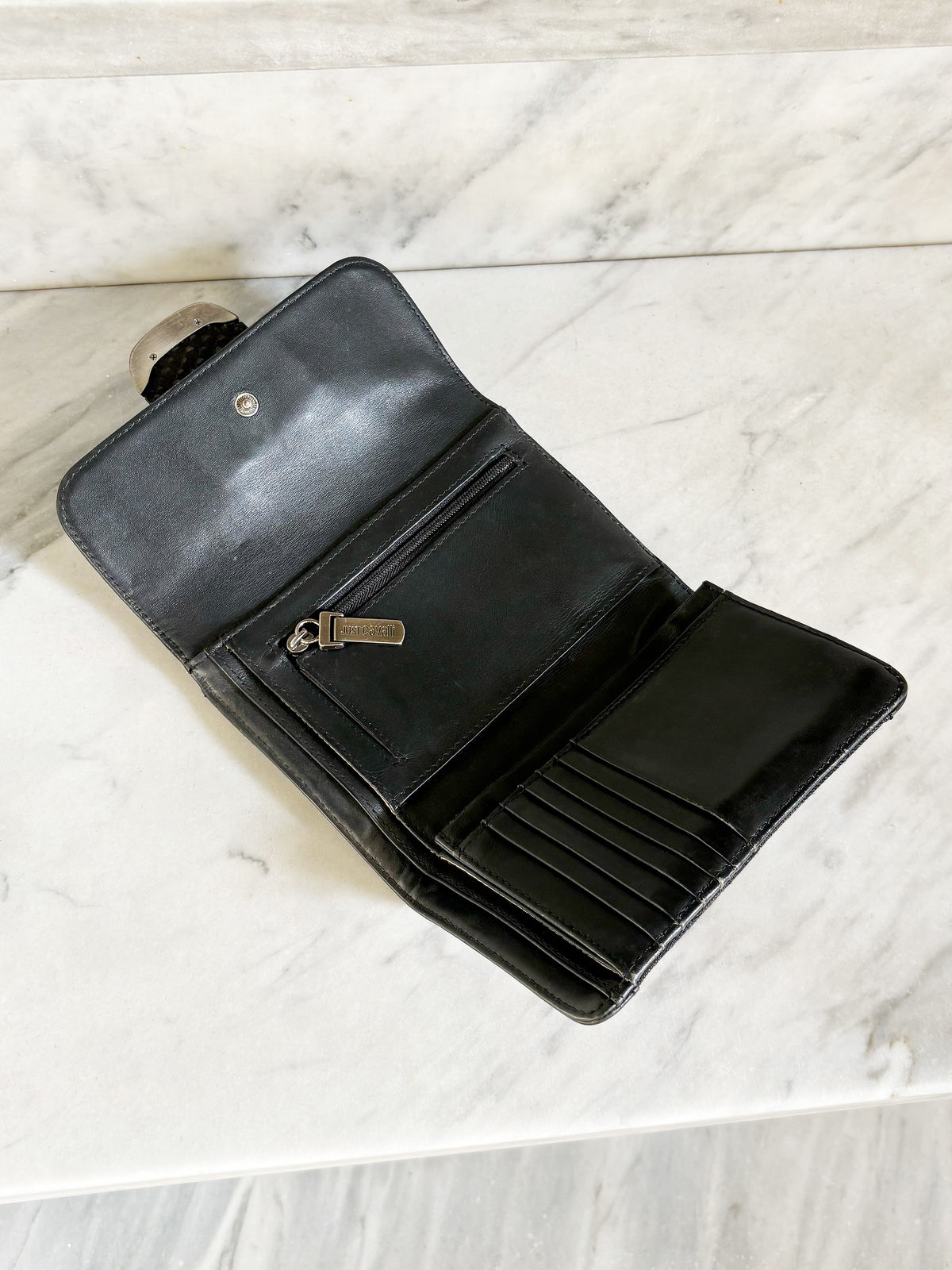 JUST CAVALLI - Portafoglio vintage Y2K monogram con borchie e dettagli animalier