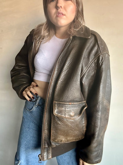 Avirex- Giacca in pelle bomber marrone invecchiato