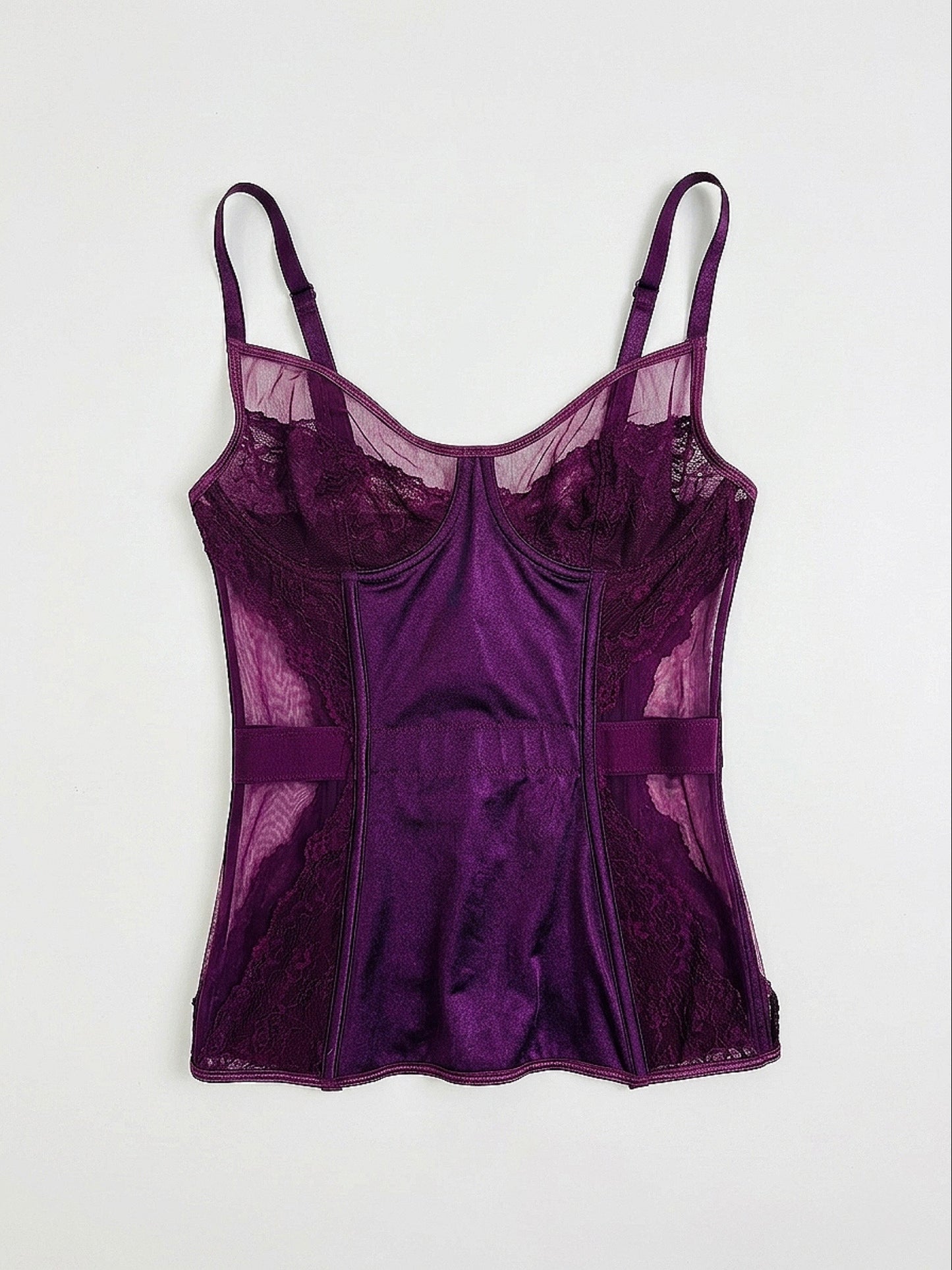 Corsetto vintage in micromesh e pizzo color mora