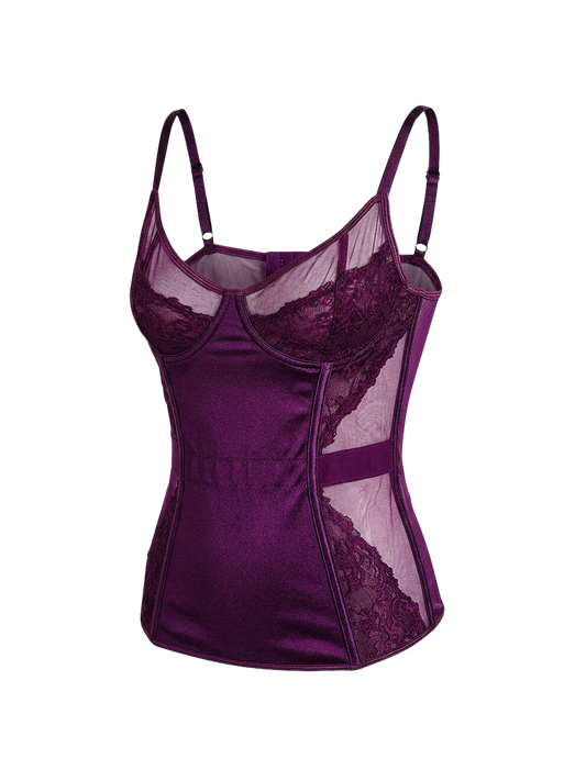 Corsetto vintage in micromesh e pizzo color mora