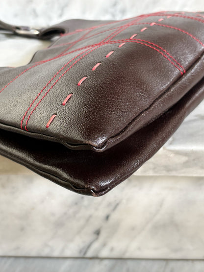 PENNYBLACK - Vintage Y2K Brown Leather Shoulder Bag – Borsa in Pelle Marrone con Cuciture Rosse