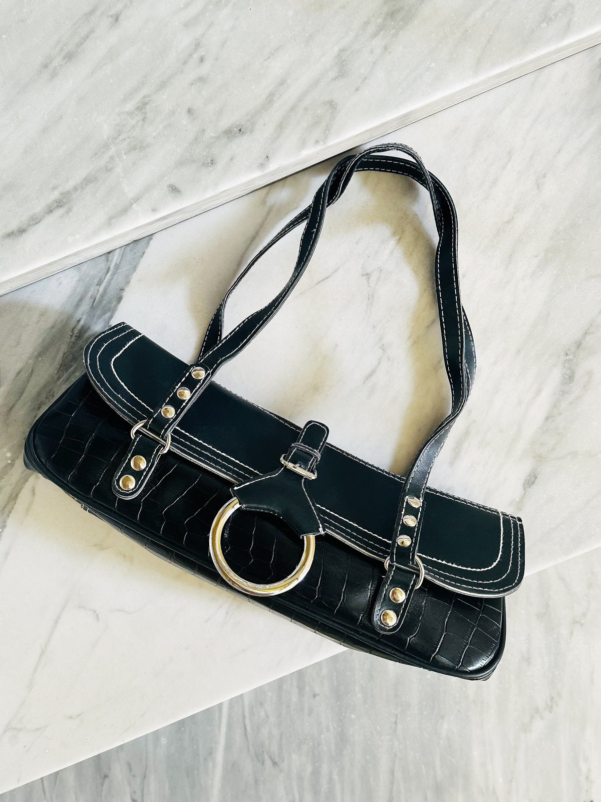 Borsa Baguette Vintage Y2K Nera Effetto Cocco Shoulder Bag