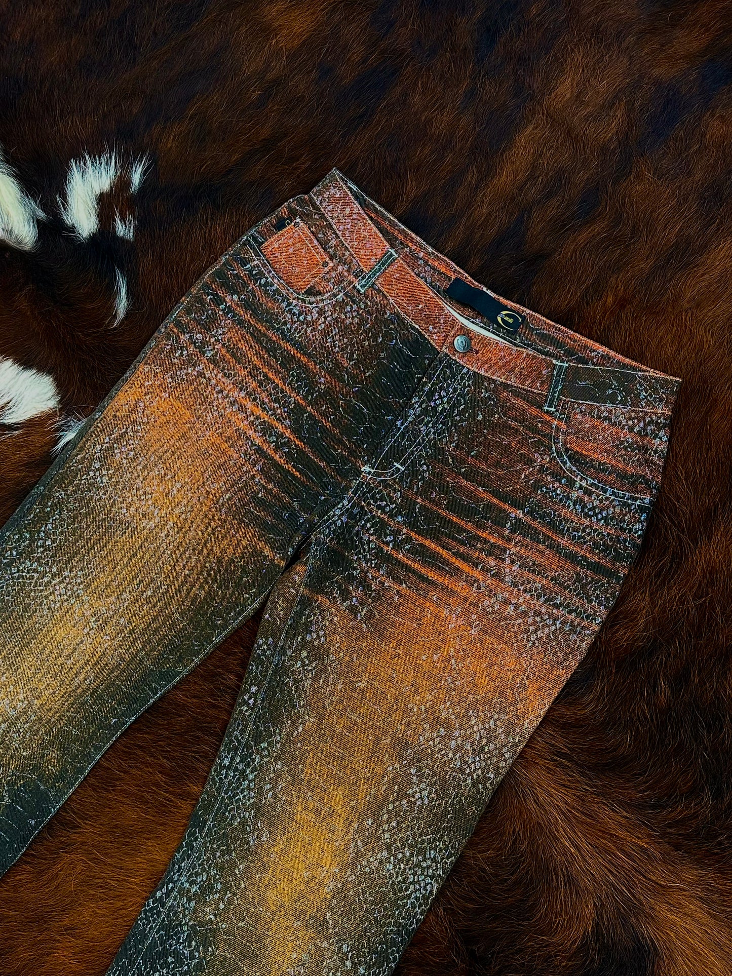JUST CAVALLI - Pantaloni a zampa Animalier Snakeskin Metallic – Early 2000s