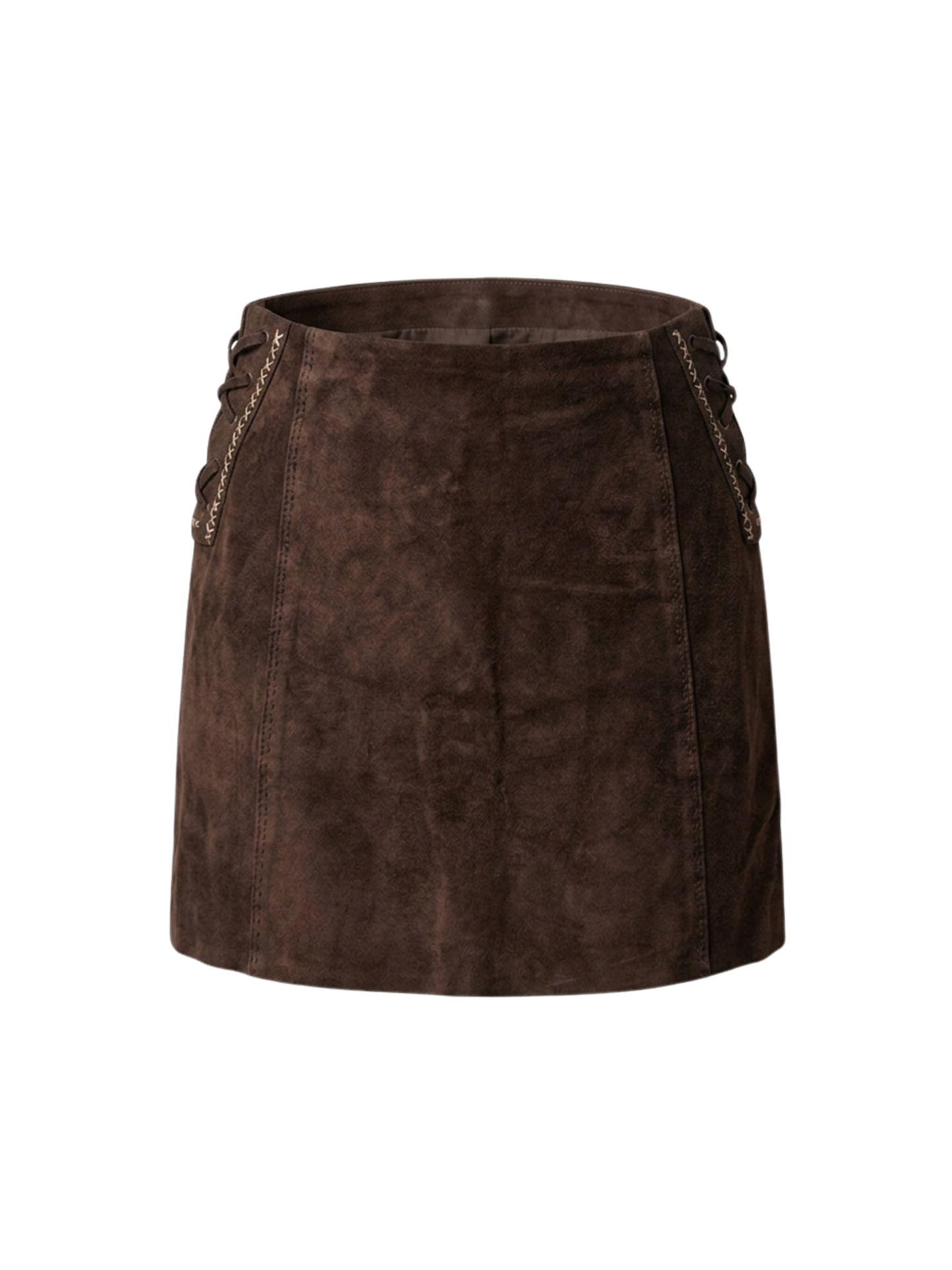 Gonna vintage in pelle scamosciata marrone con lacci laterali