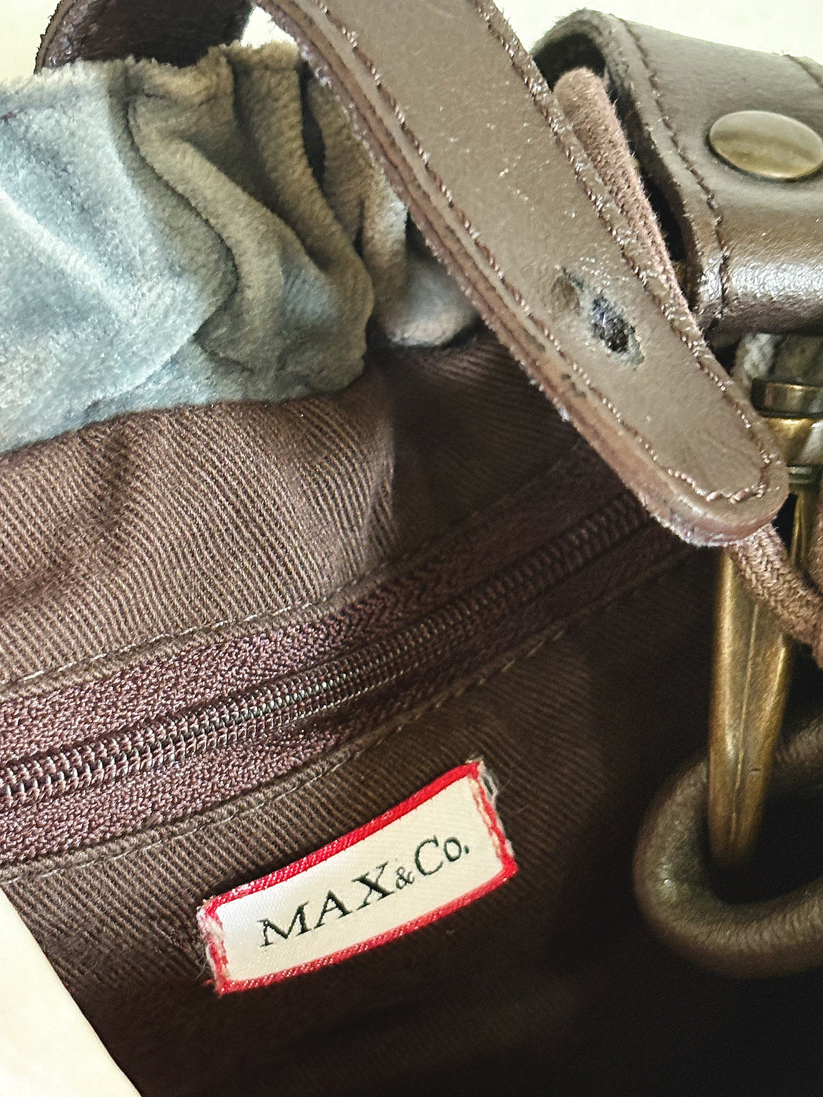 MAX&Co - Borsa a Spalla in Velluto Grigio\Verde con Dettagli Marroni