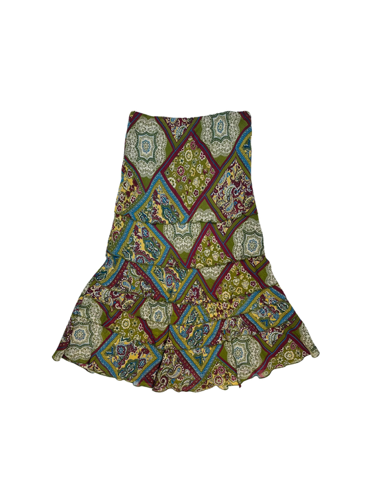 Gonna lunga vintage a balze – stampa patchwork paisley multicolor