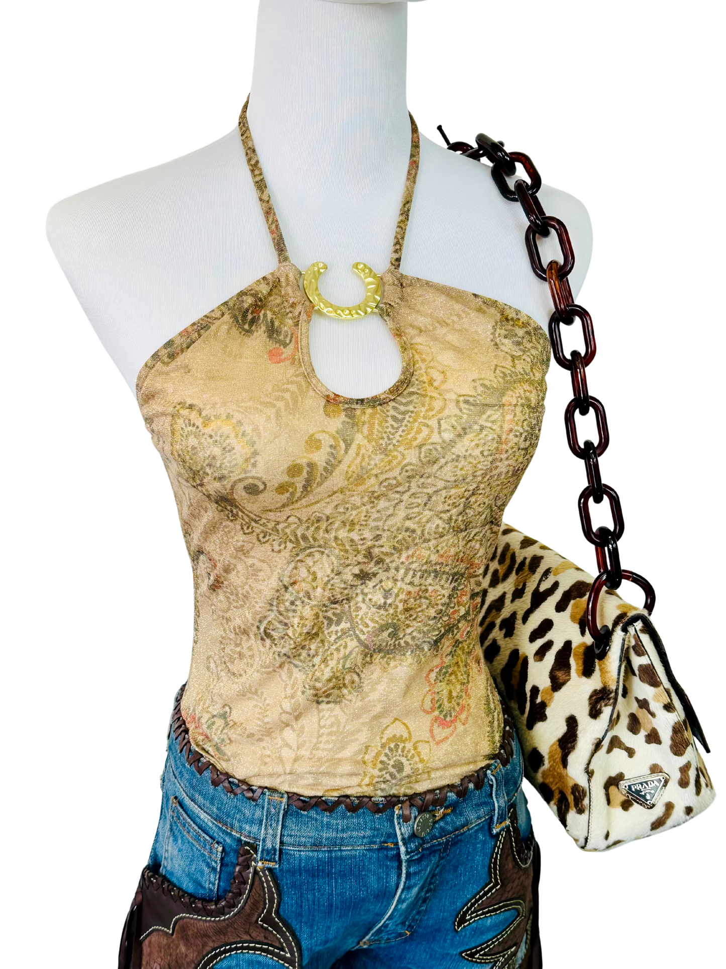 Top Halter Vintage con Stampa Paisley & Anello Gioiello – Anni 2000 Y2K Rodeo Style