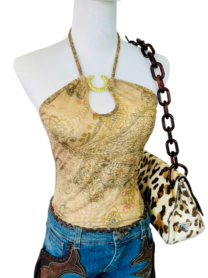 Top Halter Vintage con Stampa Paisley & Anello Gioiello – Anni 2000 Y2K Rodeo Style