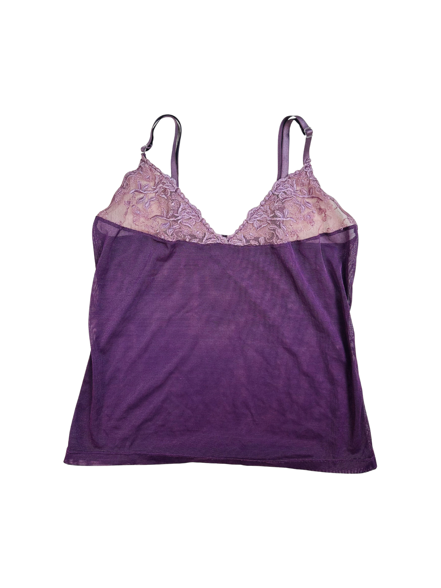 Y2k tank micromesh top, Top Vintage in Micromesh Viola con Dettagli in Pizzo Rosa Malva