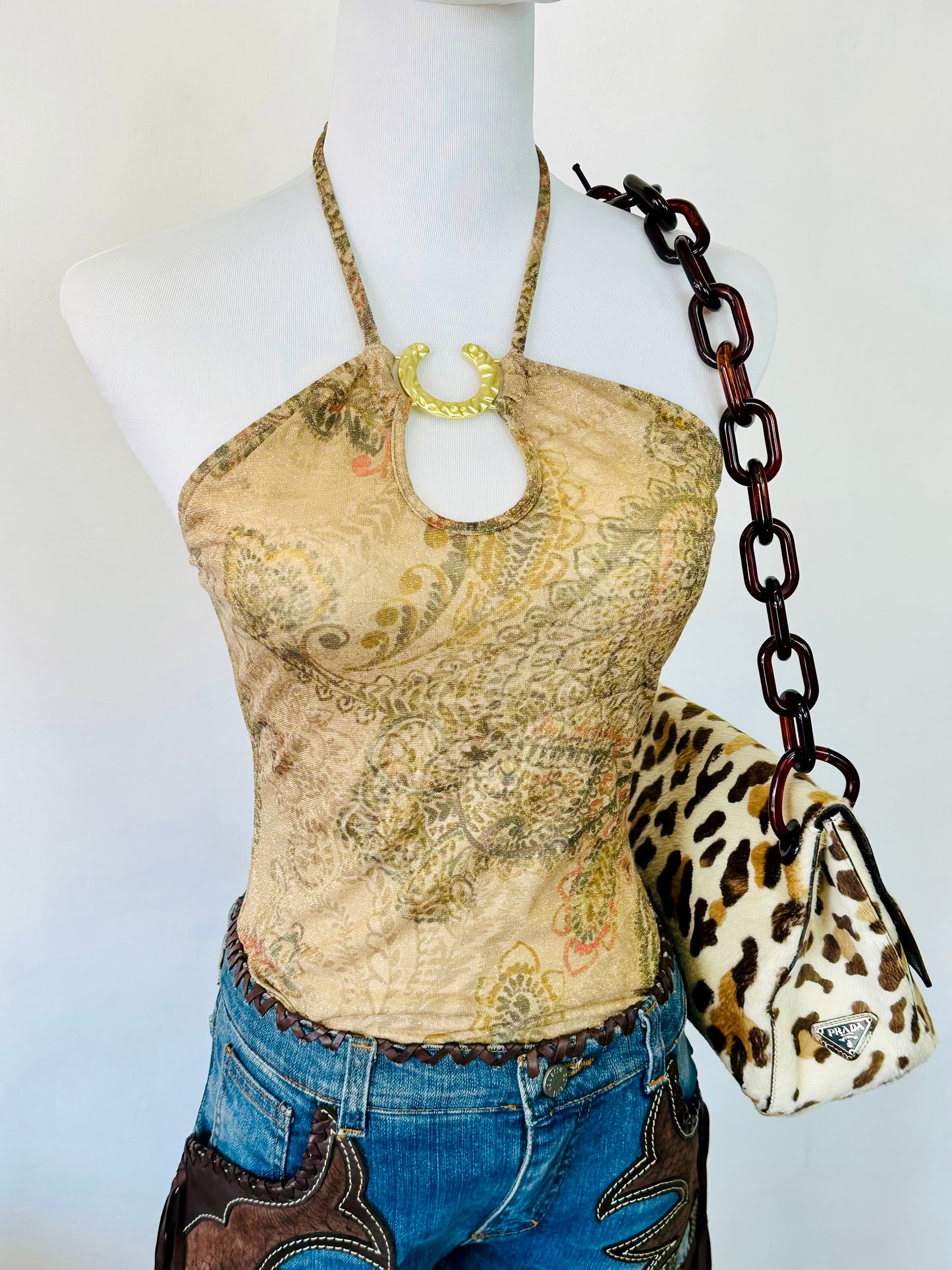 Top Halter Vintage con Stampa Paisley & Anello Gioiello – Anni 2000 Y2K Rodeo Style