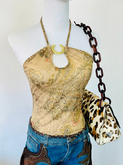 Top Halter Vintage con Stampa Paisley & Anello Gioiello – Anni 2000 Y2K Rodeo Style