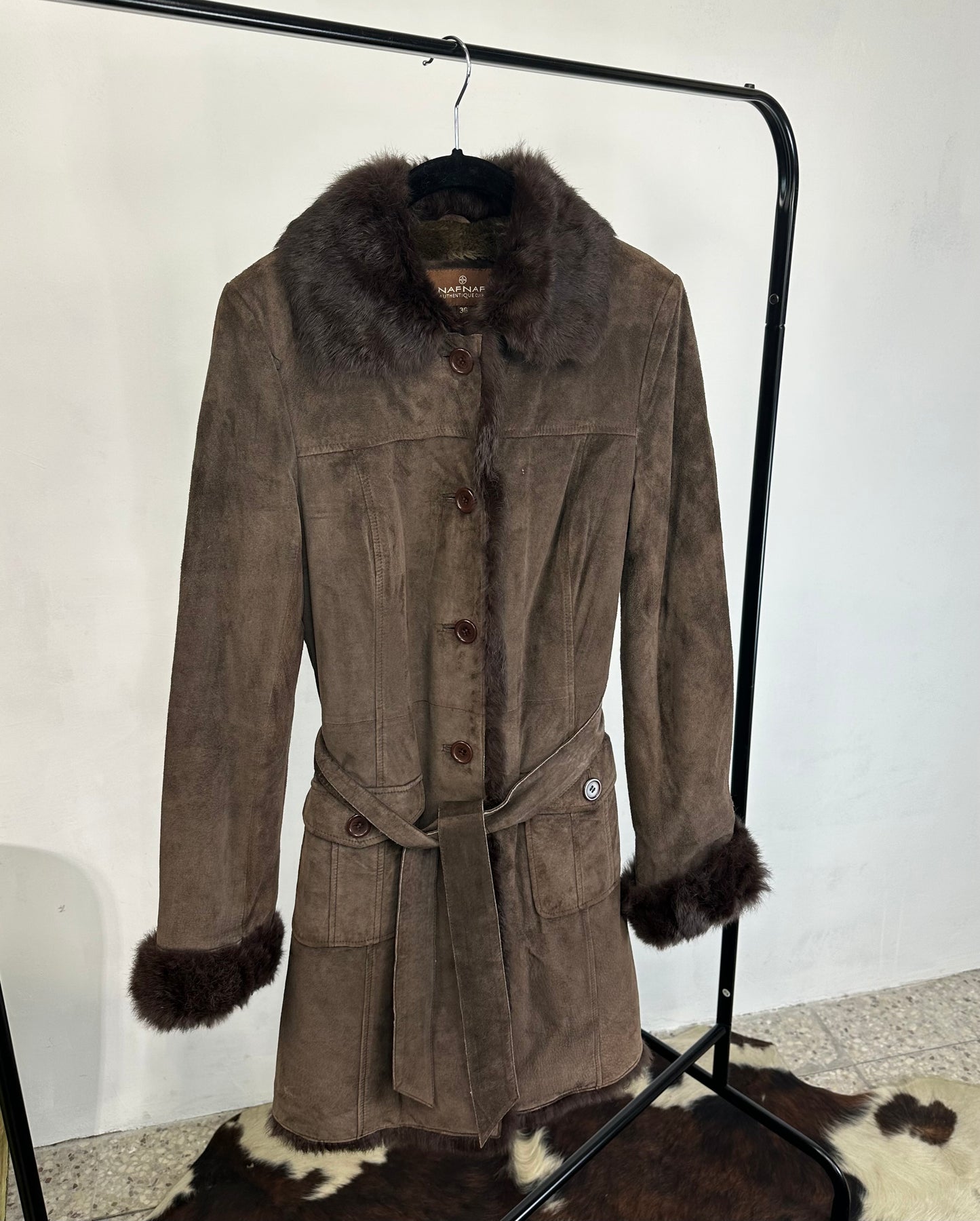 Cappotto lungo pelle scamosciata e pelliccia