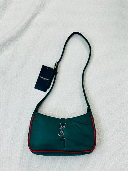 SAINT LAURENT PARIS - Borsa Shoulder in Nylon Verde Racing con profili rossi