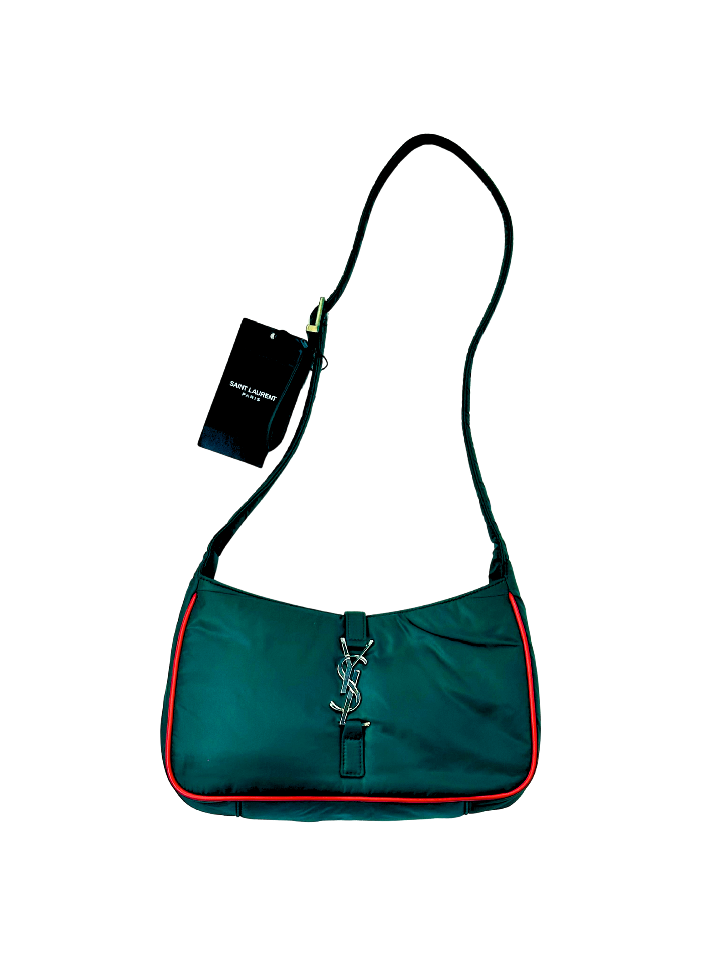 SAINT LAURENT PARIS - Borsa Shoulder in Nylon Verde Racing con profili rossi