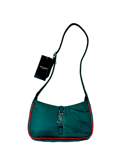 SAINT LAURENT PARIS - Borsa Shoulder in Nylon Verde Racing con profili rossi