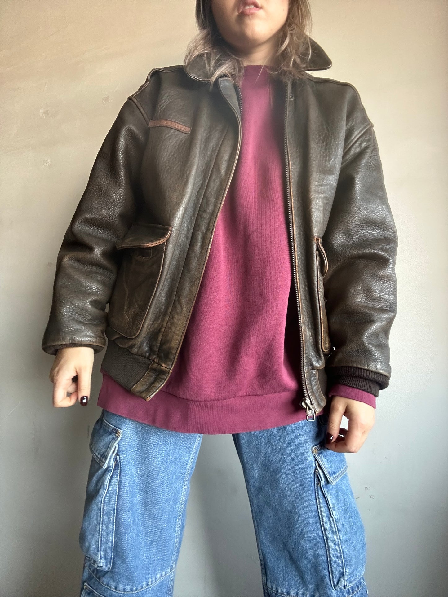 Avirex- Giacca in pelle bomber marrone invecchiato