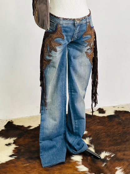 ￼ROBERTO CAVALLI - Jeans Western Revival in Denim e Pelle con Frange