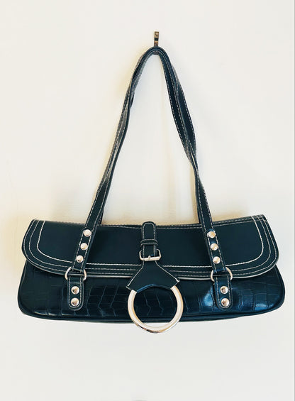 Borsa Baguette Vintage Y2K Nera Effetto Cocco Shoulder Bag