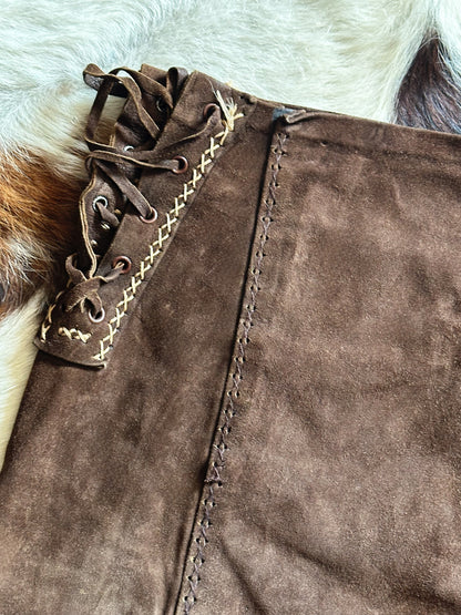 Gonna vintage in pelle scamosciata marrone con lacci laterali