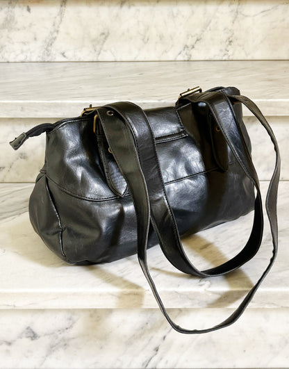 Borsa vintage Y2K in pelle nera con fibbie e tasche – 2000s Buckle Shoulder Bag