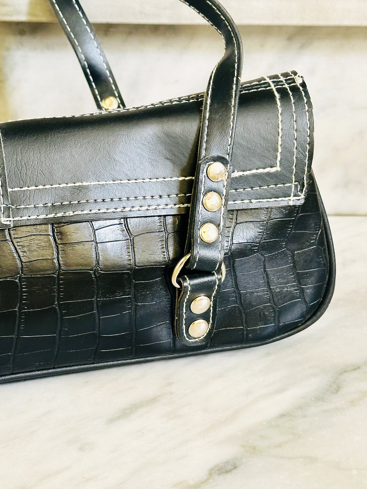 Borsa Baguette Vintage Y2K Nera Effetto Cocco Shoulder Bag